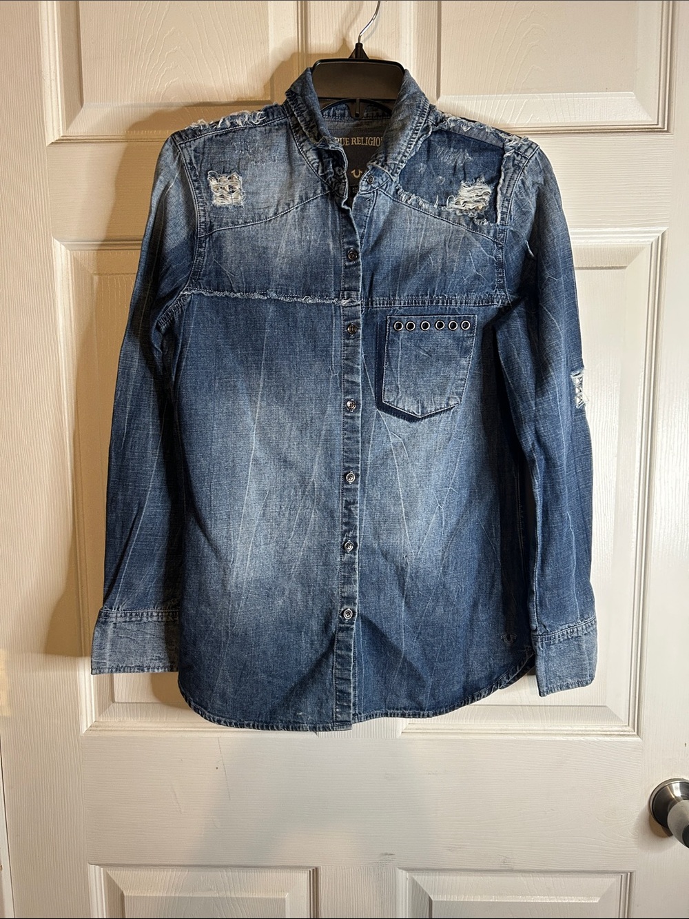 True Religion Distressed Denim Button-Down Shirt in Medium Blue